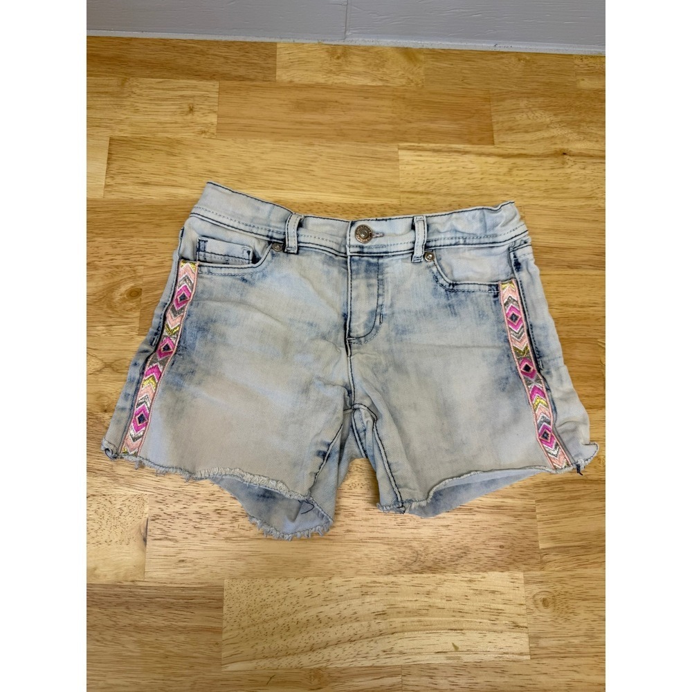 Jordache Girls Acid Wash Denim Shorts Size 10 Embroidered Side Trim Frayed Hem